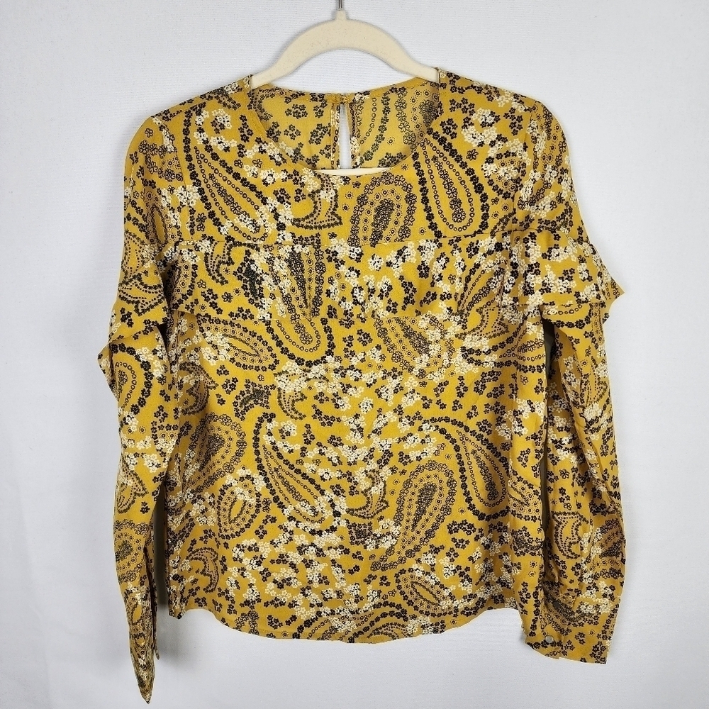 Abercrombie & Fitch Mustard Yellow Paisley Floral Ruffle Blouse XS Long Sleeve